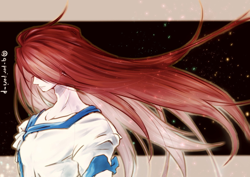 1boy artist_name black_background border closed_mouth collarbone highres id_(xenogears) letterboxed long_hair male_focus outside_border q_poripori_p red_hair space twitter_username upper_body white_border xenogears