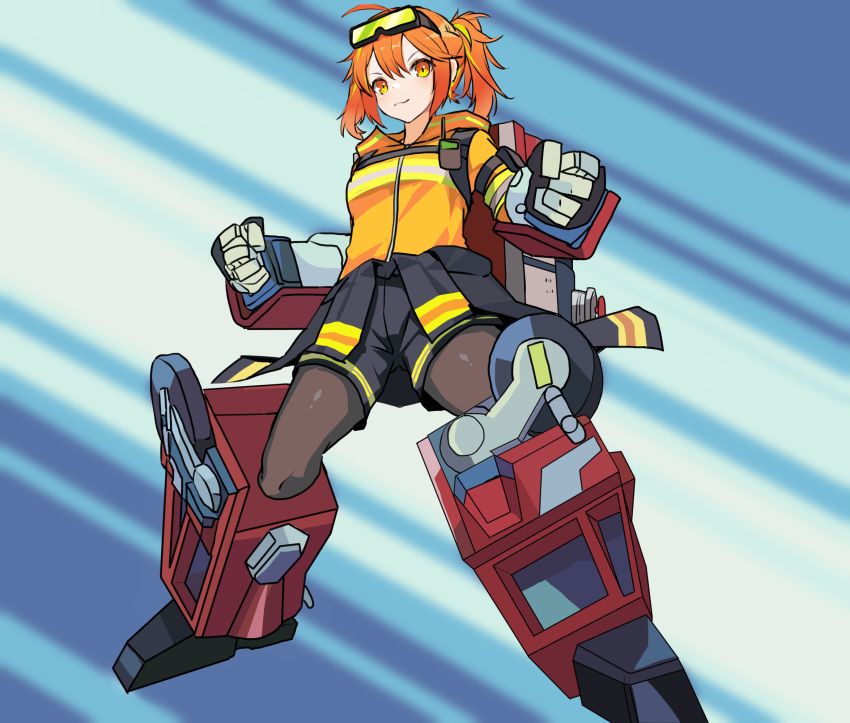 1girl black_pantyhose black_shorts breasts chelsea_(neural_cloud) chest_harness clenched_hands cosplay fire_convoy fire_convoy_(cosplay) girls'_frontline girls'_frontline_neural_cloud goggles goggles_on_head hair_behind_ear harness highres jacket looking_at_viewer mecha_musume medium_breasts orange_eyes orange_jacket pantyhose ponytail shorts smile solo transformers transformers_car_robots v-shaped_eyebrows walkie-talkie yanagui