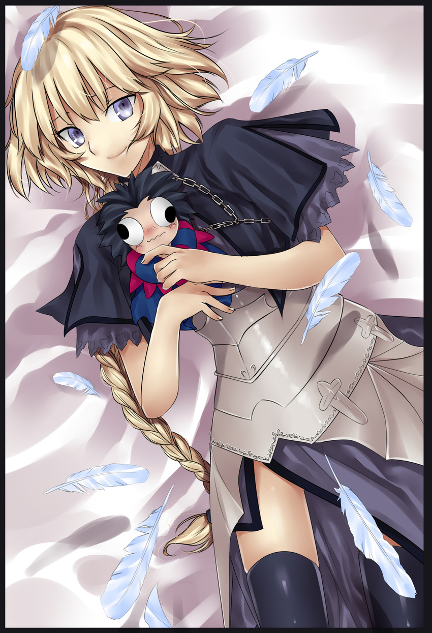 armor armored_dress black_legwear blonde_hair blue_eyes braid capelet caster_(fate/zero) character_doll collaboration dress fate/apocrypha fate/zero fate_(series) feathers highres jeanne_d'arc_(fate) jeanne_d'arc_(fate)_(all) long_hair nashoki on_bed single_braid smile solo thighhighs tusia