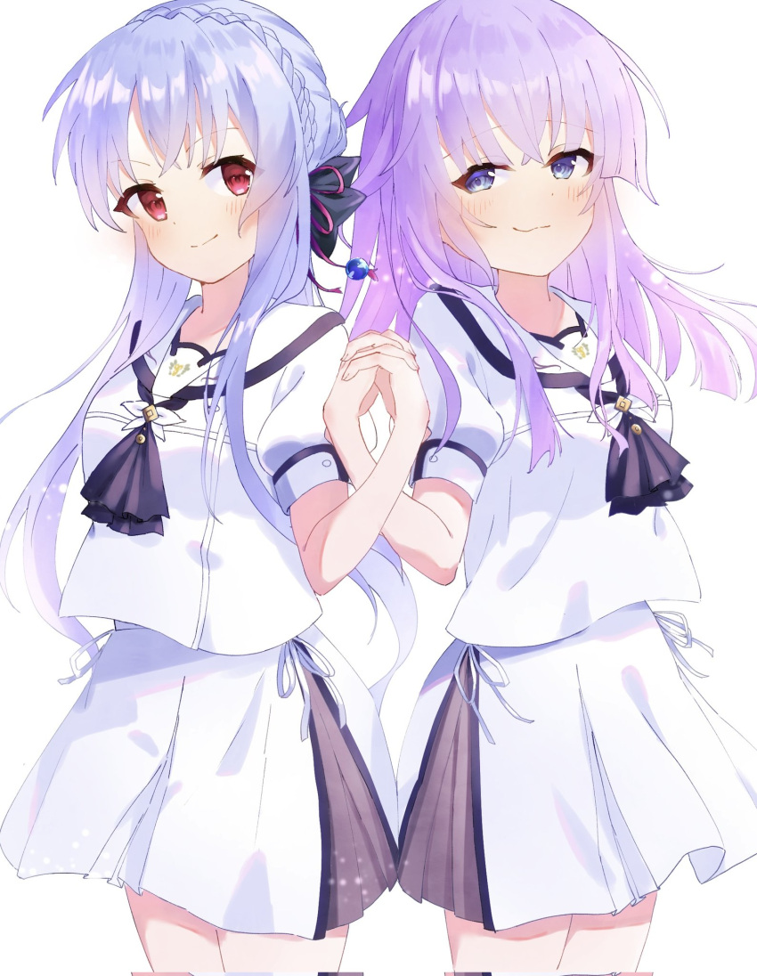 &gt;:) 2girls :3 ascot black_ascot black_ribbon blue_eyes blue_hair blunt_ends blush braid closed_mouth commentary cowboy_shot crossed_bangs crown_braid emu_shido floating_hair hair_between_eyes hair_bun hair_ribbon hand_up highres holding_hands interlocked_fingers light_particles long_hair looking_at_viewer multiple_girls puffy_short_sleeves puffy_sleeves purple_hair red_eyes ribbon sailor_collar school_uniform shirt short_sleeves siblings side-by-side sidelocks simple_background single_hair_bun sisters skirt smile smug sorakado_ai sorakado_ao summer_pockets tsurime twins v-shaped_eyebrows very_long_hair white_background white_ribbon white_sailor_collar white_shirt white_skirt