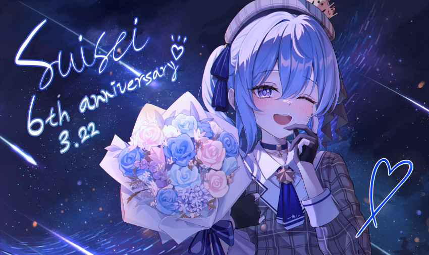 1girl absurdres anniversary ascot beret blue_eyes blue_hair blue_nails blush bouquet character_name choker comet commentary crown dated fingerless_gloves gloves happy_anniversary hat heart highres hololive hoshimachi_suisei looking_at_viewer medium_hair night night_sky one_eye_closed open_mouth red_nails side_ponytail sira_(user_dswn7488) sky smile star_(sky) star_(symbol) star_choker starry_sky teeth upper_body upper_teeth_only virtual_youtuber