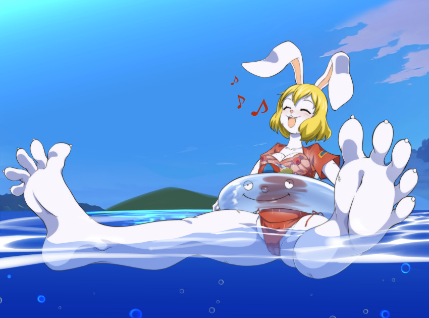 absurd_res anthro barefoot breasts camel_toe carrot_(one_piece) clothing enjoying feet female foot_fetish foot_focus herchi hi_res one_piece soles solo spread_toes toes water wet wet_clothing