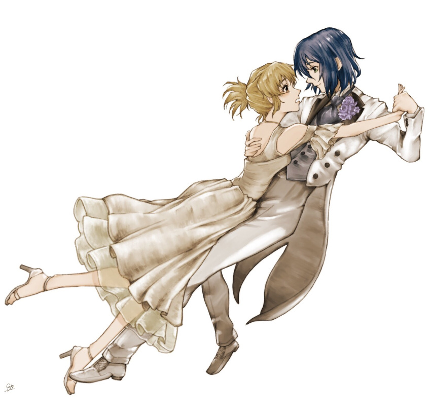 1boy 1girl athrun_zala blonde_hair blue_hair blush breasts cagalli_yula_athha couple dancing dress eto_384 flower formal green_eyes gundam gundam_seed gundam_seed_freedom hair_between_eyes high_heels highres open_mouth shirt short_hair smile yellow_eyes