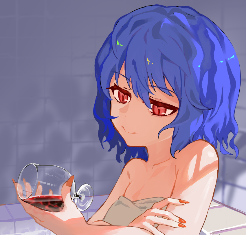 1girl absurdres alcohol ayo_rimaisu bath blue_hair closed_mouth collarbone cup drinking_glass fingernails hair_between_eyes highres long_fingernails nail_polish naked_towel no_headwear red_eyes red_nails remilia_scarlet sharp_fingernails solo touhou towel upper_body wine wine_glass