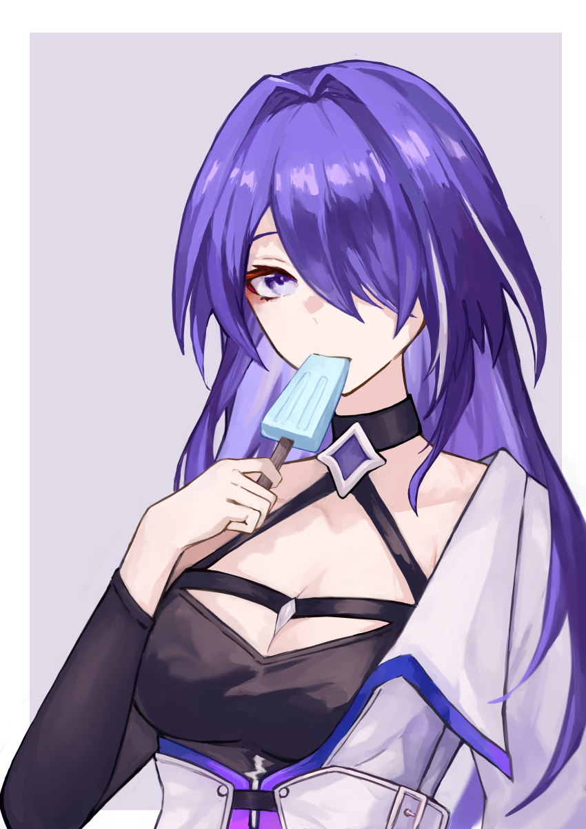 1girl absurdres acheron_(honkai:_star_rail) black_choker breasts choker cleavage coat commentary_request food hadzuki hair_intakes highres holding holding_food holding_popsicle honkai:_star_rail honkai_(series) long_hair looking_at_viewer popsicle purple_eyes purple_hair solo upper_body very_long_hair white_coat