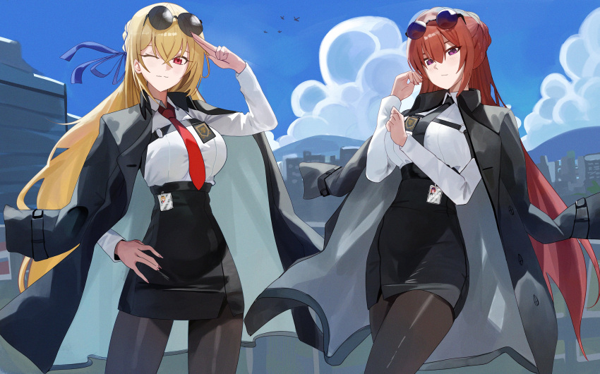 2girls absurdres azur_lane black_coat black_necktie black_pantyhose black_skirt blonde_hair blue_sky breasts closed_mouth coat coat_on_shoulders commission cosplay crossed_bangs eyewear_on_head hand_on_own_hip highres id_card king_george_v_(azur_lane) large_breasts long_hair long_sleeves looking_at_viewer monarch_(azur_lane) monarch_(azur_lane)_(cosplay) monarch_(detective_arriving_on_the_scene)_(azur_lane) multiple_girls necktie official_alternate_costume one_eye_closed outdoors pantyhose pencil_skirt red_eyes red_hair red_necktie riel_(ataraxia2334) salute second-party_source shirt skirt sky two-finger_salute white_shirt