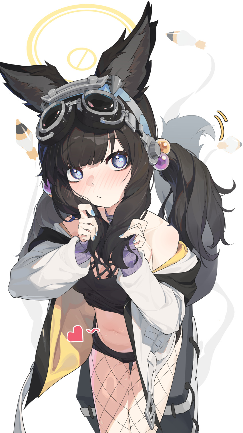 1girl absurdres animal_ear_fluff animal_ears black_hair blue_archive blue_eyes blue_nails blush breasts cleavage closed_mouth cowboy_shot dog_ears fingernails fishnet_pantyhose fishnets goggles goggles_on_head halo heart hibiki_(blue_archive) highres jacket long_hair long_sleeves looking_at_viewer medium_breasts nail_polish navel open_clothes open_jacket pantyhose simple_background solo white_background white_jacket yellow_halo zidu_(9478296)