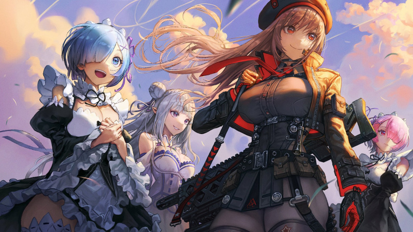 4girls assault_rifle bare_shoulders belt_pouch beret black_choker black_shirt blue_eyes blue_hair braid breasts brown_hair choker cleavage closed_mouth cloud collared_shirt cropped_jacket crown_braid curvy detached_collar detached_sleeves dress elf emilia_(re:zero) etama_quomo frills from_below gem goddess_of_victory:_nikke green_gemstone gun hair_bun hair_ornament hair_over_one_eye hair_ribbon hat highres large_breasts long_hair maid maid_headdress multiple_girls necktie open_mouth own_hands_together pantyhose pink_eyes pink_hair pink_ribbon pointy_ears pouch purple_eyes purple_ribbon ram_(re:zero) rapi_(nikke) re:zero_kara_hajimeru_isekai_seikatsu red_necktie rem_(re:zero) ribbon ribbon-trimmed_clothes ribbon_trim rifle roswaal_mansion_maid_uniform shirt short_hair siblings sisters sky smile strap thighhighs twins two-tone_gloves weapon white_dress white_hair x_hair_ornament