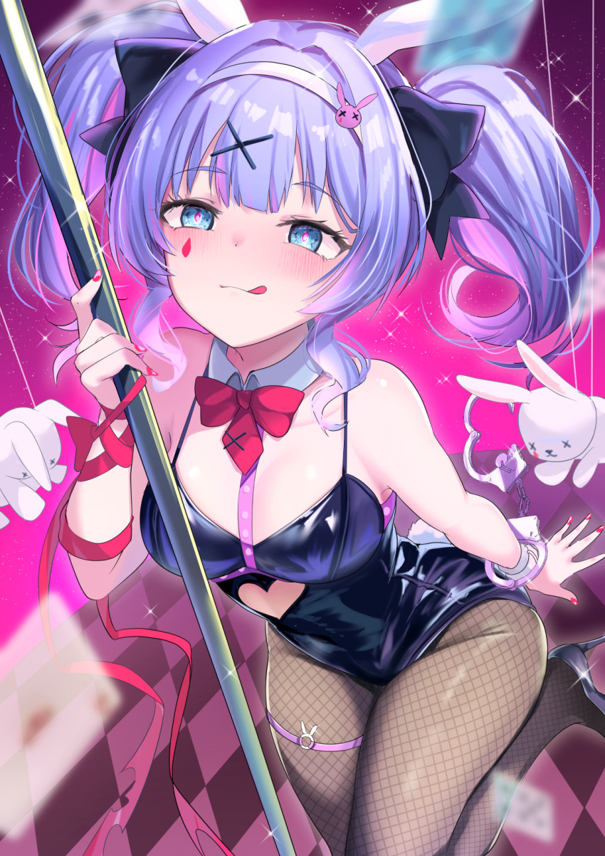 1girl :q abi_(abimel10) animal_ears bare_shoulders black_leotard black_pantyhose black_ribbon blue_eyes blue_hair blush bow bowtie breasts closed_mouth commentary_request detached_collar fishnet_pantyhose fishnets hair_ornament hair_ribbon hairband hatsune_miku highres large_breasts leotard long_hair looking_at_viewer pantyhose playboy_bunny pole rabbit_ears rabbit_hole_(vocaloid) rabbit_tail red_bow red_bowtie ribbon smile solo stripper_pole tail thigh_strap thighs tongue tongue_out twintails vocaloid white_hairband