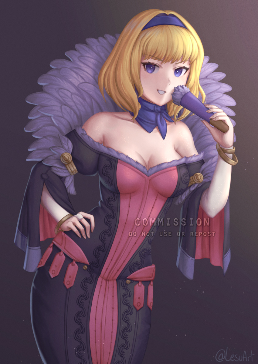 1girl bangle bare_shoulders black_dress blonde_hair blue_choker blue_eyes blue_hairband bracelet breasts choker collarbone commentary_request constance_von_nuvelle cowboy_shot dress fire_emblem fire_emblem:_three_houses fire_emblem_warriors:_three_hopes grin hairband highres jewelry lesu long_sleeves looking_at_viewer medium_breasts off-shoulder_dress off_shoulder official_alternate_costume official_alternate_hairstyle short_hair smile solo standing