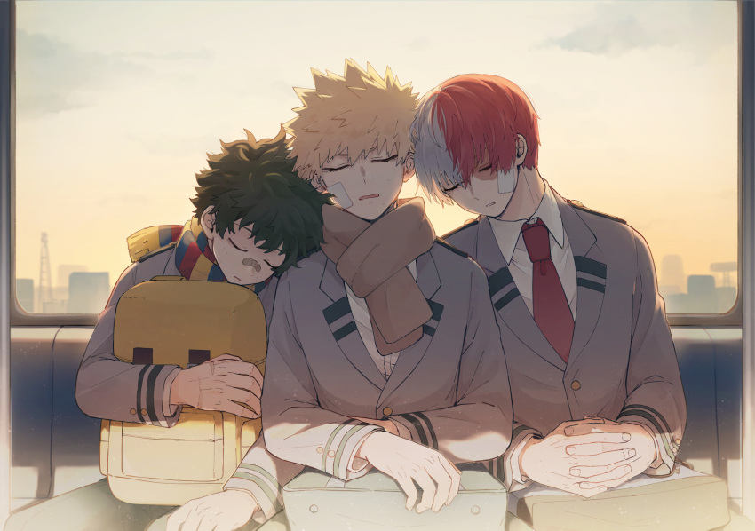 3boys backpack bag bag_on_lap bakugou_katsuki bandaid bandaid_on_face bandaid_on_nose blazer blonde_hair boku_no_hero_academia burn_scar bus_interior buttoned_cuffs buttons closed_eyes cloud collared_shirt curly_hair double_horizontal_stripe evening freckles fringe_trim gauze gradient_sky green_hair green_pants grey_jacket hair_between_eyes hands_up head_on_another's_shoulder head_tilt highres hugging_object interlocked_fingers jacket lapels leaning_on_person leaning_to_the_side light long_sleeves male_focus midoriya_izuku multicolored_clothes multicolored_hair multicolored_scarf multiple_boys necktie notched_lapels ochi_(lokun) open_mouth own_hands_together pants parted_hair parted_lips red_hair red_necktie scar scar_on_face scar_on_hand scarf school_uniform scratches shirt short_hair side-by-side silhouette sitting sky sleeping sleeping_on_person sleeping_upright spiked_hair split-color_hair straight-on straight_hair striped_clothes striped_scarf sunlight todoroki_shouto u.a._school_uniform unworn_bag upper_body vertical-striped_clothes vertical-striped_scarf white_hair white_shirt window wing_collar yellow_bag