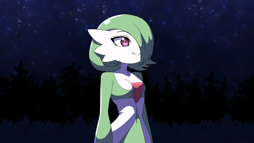 1girl :&gt; arms_at_sides blue_sky bob_cut breasts closed_mouth collarbone colored_skin commentary_request english_commentary gardevoir grapeanime green_hair green_skin hair_over_one_eye happy highres mixed-language_commentary multicolored_skin navel night one_eye_covered outdoors partial_commentary pokemon pokemon_(creature) red_eyes short_hair sky small_breasts smile solo standing star_(sky) starry_sky stomach two-tone_skin upper_body white_skin