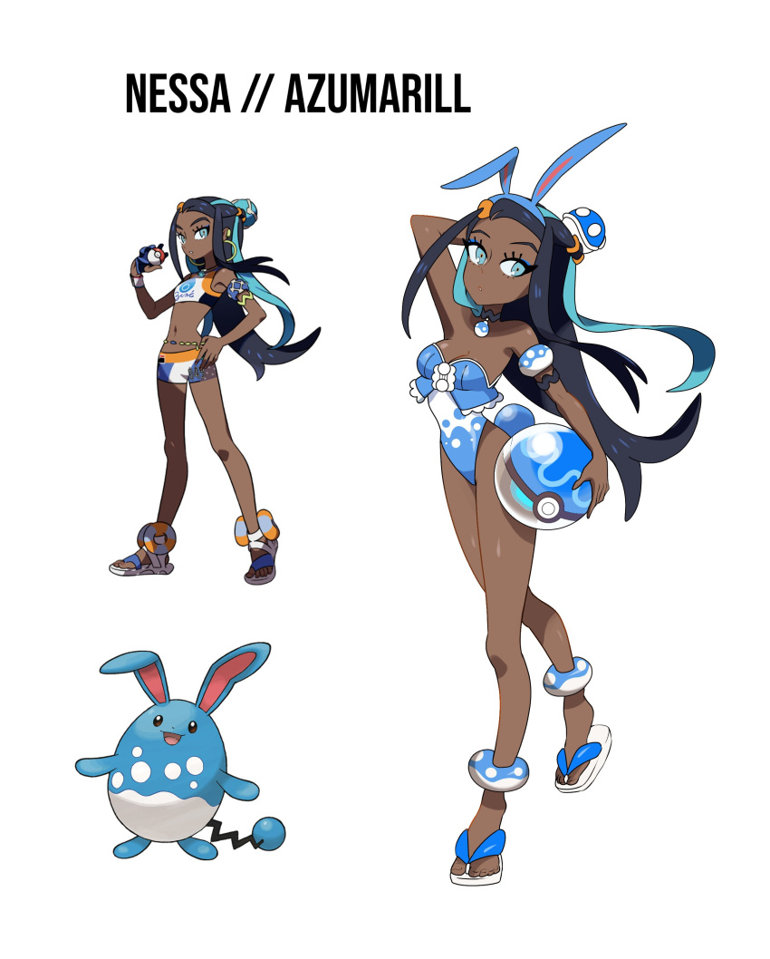 1girl absurdres azumarill azumarill_(cosplay) black_hair blue_eyes blue_hair breasts cosplay crop_top dark-skinned_female dark_skin earrings hair_bun highres hoop_earrings jewelry leotard long_hair looking_at_viewer makeup multicolored_hair nessa_(pokemon) nontraditional_playboy_bunny official_art_inset pokemon pokemon_swsh reference_inset rhymewithray single_hair_bun solo strapless strapless_leotard two-tone_hair