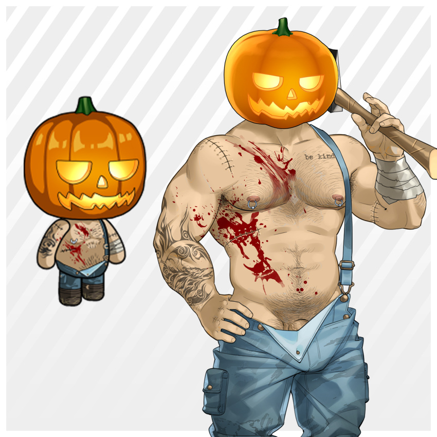 1boy abs absurdres arm_tattoo armpit_hair armpit_hair_peek axe bara bare_pectorals blood_on_pectorals bulge character_request cowboy_shot denim_overalls ero_condo hairy halloween_costume highres holding holding_axe jack-o'-lantern_head kienbiu large_pectorals male_focus male_pubic_hair muscular muscular_male naked_overalls navel nipples official_alternate_costume overalls paid_reward_available pectorals penis penis_peek plump pubic_hair short_hair simple_background solo standing stomach tattoo thick_chest_hair