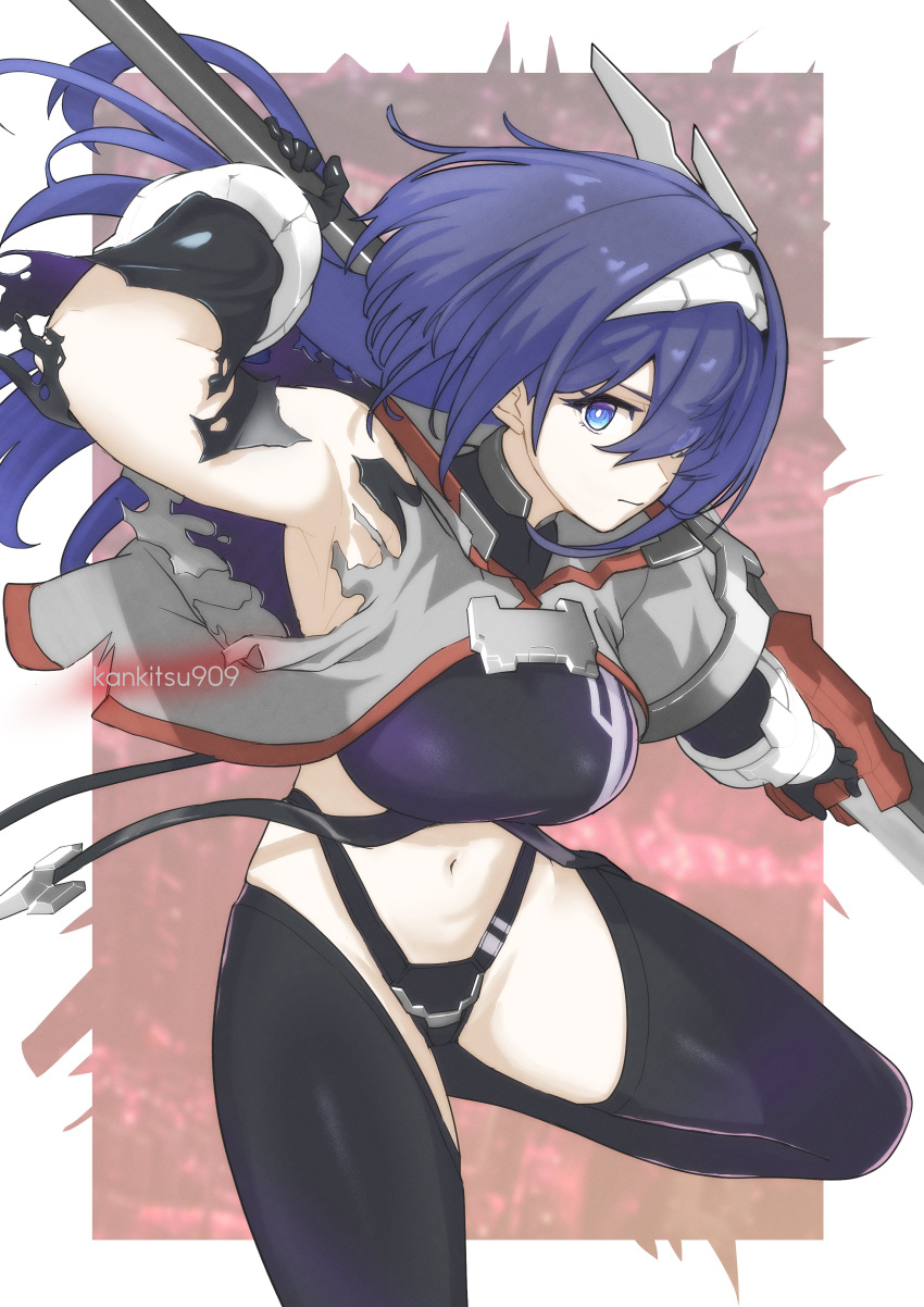 1girl absurdres artist_name black_gloves black_thighhighs blue_eyes blue_hair border breasts closed_mouth commentary eyelashes gloves hair_over_one_eye headpiece highres holding holding_weapon karian909 large_breasts long_hair navel original outside_border shrug_(clothing) solo thighhighs torn_clothes twitter_username weapon white_border