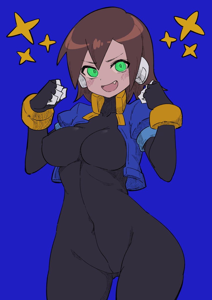 1girl absurdres aile_(mega_man_zx) arm_behind_head black_bodysuit blue_background blush bodysuit bodysuit_under_clothes breasts brown_hair buzzlyears clenched_hands covered_collarbone covered_nipples cropped_jacket excited glowing glowing_eyes green_eyes highres jacket looking_at_viewer medium_breasts mega_man_(series) mega_man_zx no_pants open_clothes open_jacket robot_ears short_hair simple_background smile solo star_(symbol) upper_body