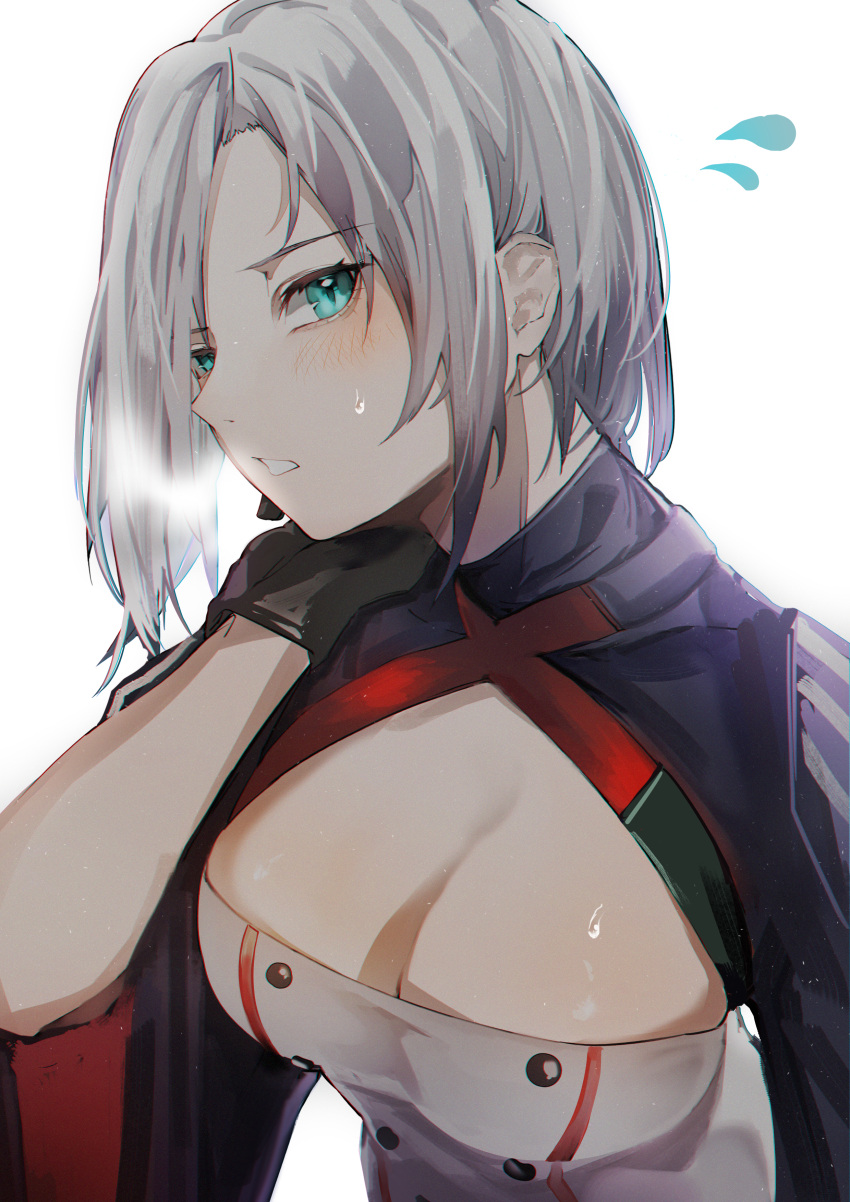 1girl absurdres aqua_eyes black_gloves blush breasts breath cleavage cleavage_cutout clothing_cutout commission girls'_frontline gloves grey_hair hamaguri-san_(hamagur69200744) highres looking_at_viewer mg5_(girls'_frontline) parted_lips pixiv_commission short_hair simple_background solo sweatdrop upper_body white_background