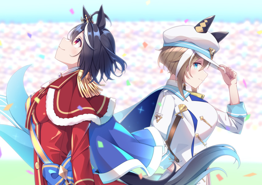 2girls ahoge animal_ears award_ribbon black_hair blue_cape blue_eyes blurry blurry_background breasts brown_hair cape cheval_grand_(umamusume) crown ear_ornament ear_through_crown grass hair_between_eyes hand_on_headwear hat highres horse_ears horse_girl horse_tail jacket kitasan_black_(final_bloom)_(umamusume) kitasan_black_(umamusume) long_sleeves mate_(oktavia1121) mini_crown multicolored_hair multiple_girls official_alternate_costume peaked_cap red_eyes red_jacket red_shirt sash shirt shoulder_sash smile streaked_hair tail tilted_headwear umamusume white_hair white_shirt