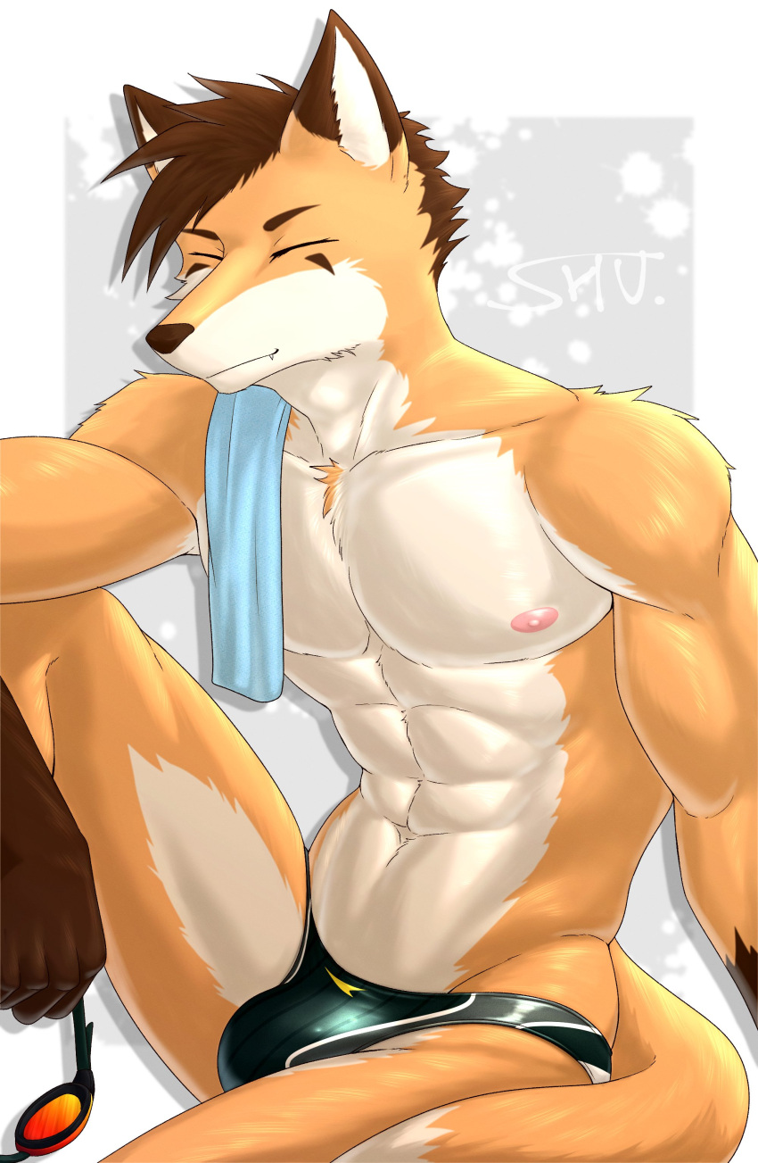 abs absurd_res anthro athletic athletic_male bulge canid canine clothing eyes_closed eyewear fox goggles hi_res kemo_shu male mammal nipples sitting solo speedo swimming_goggles swimwear towel_on_shoulder