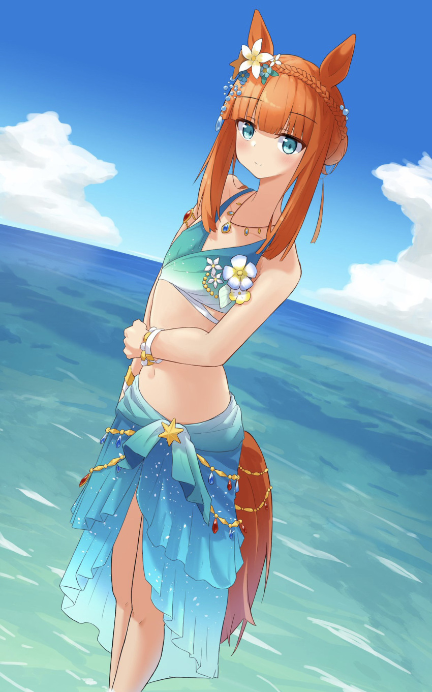 1girl animal_ears aqua_eyes arm_at_side bare_shoulders bikini bracelet braid breasts cleavage commentary_request cowboy_shot crown_braid feet_out_of_frame flower hair_flower hair_ornament hand_on_own_hip highres horse_ears horse_girl horse_tail jewelry long_hair looking_at_viewer mouth_hold navel necklace orange_hair sarong silence_suzuka_(emerald_on_the_waves)_(umamusume) silence_suzuka_(umamusume) small_breasts smile solo swimsuit tail thigh_strap umamusume yamada_(c57hikaru)