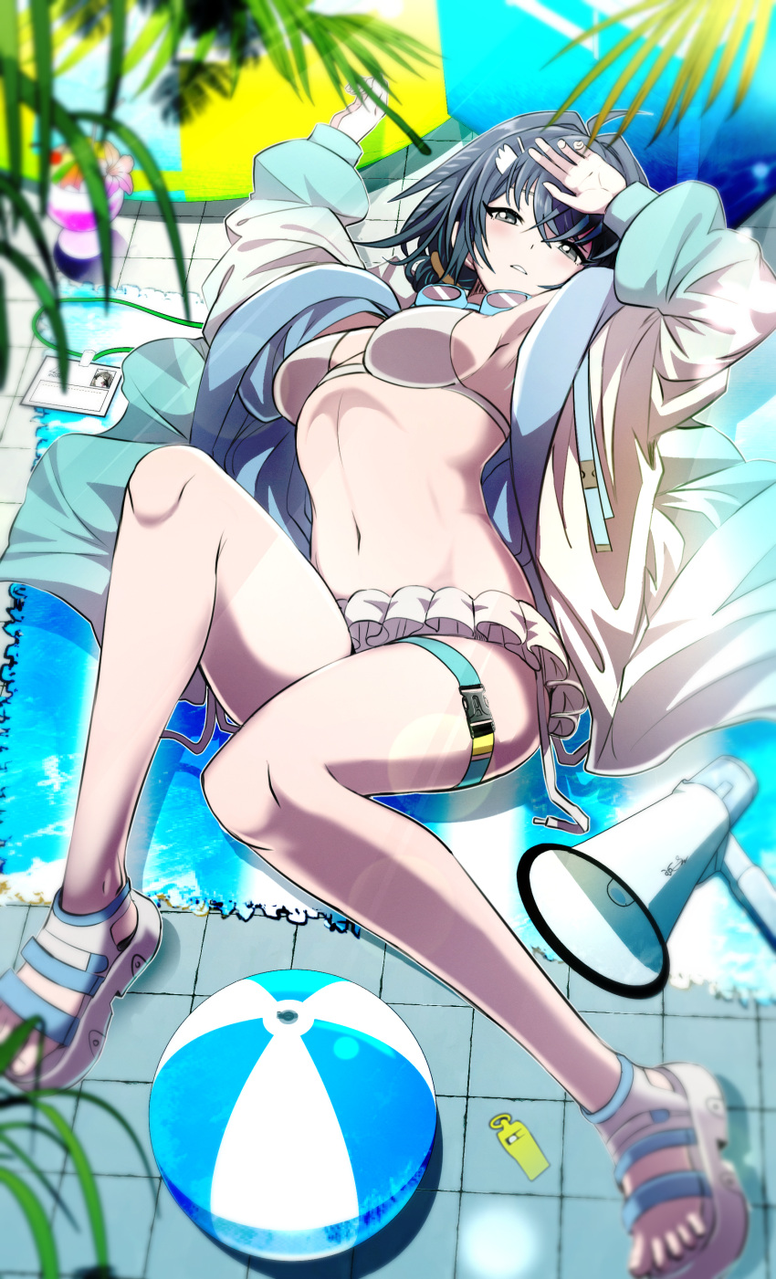 1girl absurdres arknights ball beachball bikini black_hair feather_hair frilled_bikini frills goggles goggles_around_neck hair_intakes hair_ornament hairclip hand_on_own_head highres id_card jacket jacket_over_swimsuit knees_up la_pluma_(arknights) la_pluma_(summer_flowers)_(arknights) lanyard looking_at_viewer lying megaphone midriff navel official_alternate_costume open_clothes open_jacket samacho swimsuit whistle white_bikini