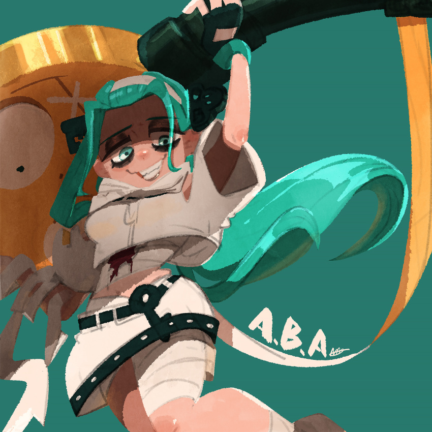 1girl a.b.a aqua_background aqua_eyes aqua_hair bags_under_eyes bandaged_leg bandages black_gloves blood character_name cowboy_shot crop_top fingerless_gloves gloves grin guilty_gear guilty_gear_strive headband highres holding holding_weapon paracelsus shirt short_sleeves skirt smile solo weapon white_headband white_shirt white_skirt zettonamo888