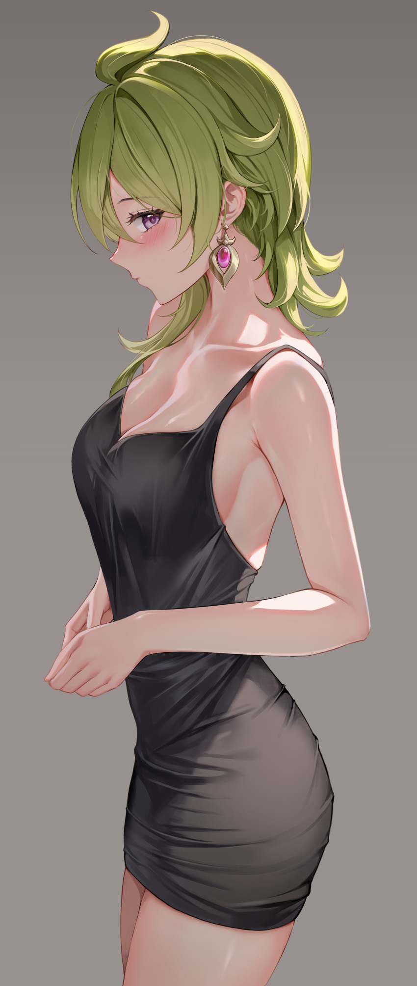 1girl absurdres ahoge alternate_costume armpit_crease armpits black_dress blush breasts cleavage closed_mouth collarbone collei_(genshin_impact) cowboy_shot dress earrings from_side genshin_impact green_hair grey_background highres jewelry looking_at_viewer lunacle medium_breasts medium_hair presenting_armpit purple_eyes simple_background sleeveless sleeveless_dress solo standing