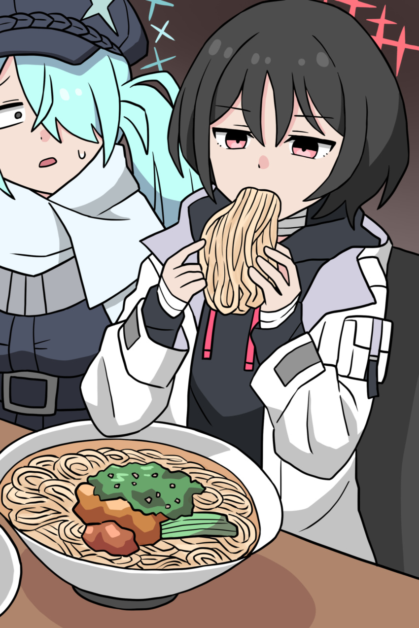 2girls absurdres ai-generated_art_(topic) ai_drawing_anime_characters_eating_ramen_(meme) bandaged_arm bandaged_neck bandages black_hair blue_archive bowl cabbie_hat cape coat commentary_request eating food green_eyes green_hair hair_between_eyes hair_over_one_eye halo hat highres hiyori_(blue_archive) long_hair long_sleeves looking_at_another meme misaki_(blue_archive) multiple_girls noodles open_clothes open_coat parted_bangs ramen red_eyes short_hair sidelocks sweatdrop washin white_cape white_coat