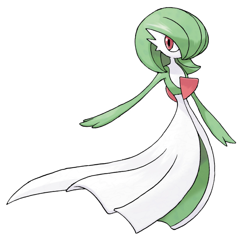 1girl arm_at_side bob_cut colored_skin flat_chest full_body gardevoir green_hair green_skin hair_over_one_eye highres looking_to_the_side multicolored_skin official_art one_eye_covered outstretched_arm pokemon pokemon_(creature) pokemon_rse red_eyes short_hair simple_background solo standing sugimori_ken third-party_source transparent_background two-tone_skin white_skin