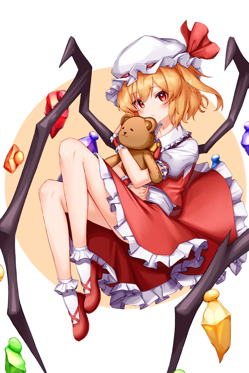 1girl absurdres ascot blonde_hair closed_mouth collared_shirt crystal flandre_scarlet frilled_shirt_collar frilled_skirt frilled_sleeves frills from_side full_body hat hat_ribbon highres holding holding_stuffed_toy looking_at_viewer mary_janes medium_hair mob_cap multicolored_wings puffy_short_sleeves puffy_sleeves red_eyes red_footwear red_ribbon red_skirt red_vest ribbon ribbon-trimmed_headwear ribbon_trim setsurimu_(pro_viden) shirt shoes short_sleeves simple_background skirt sleeve_ribbon socks solo stuffed_animal stuffed_toy teddy_bear touhou vest white_background white_hat white_shirt white_socks wings yellow_ascot