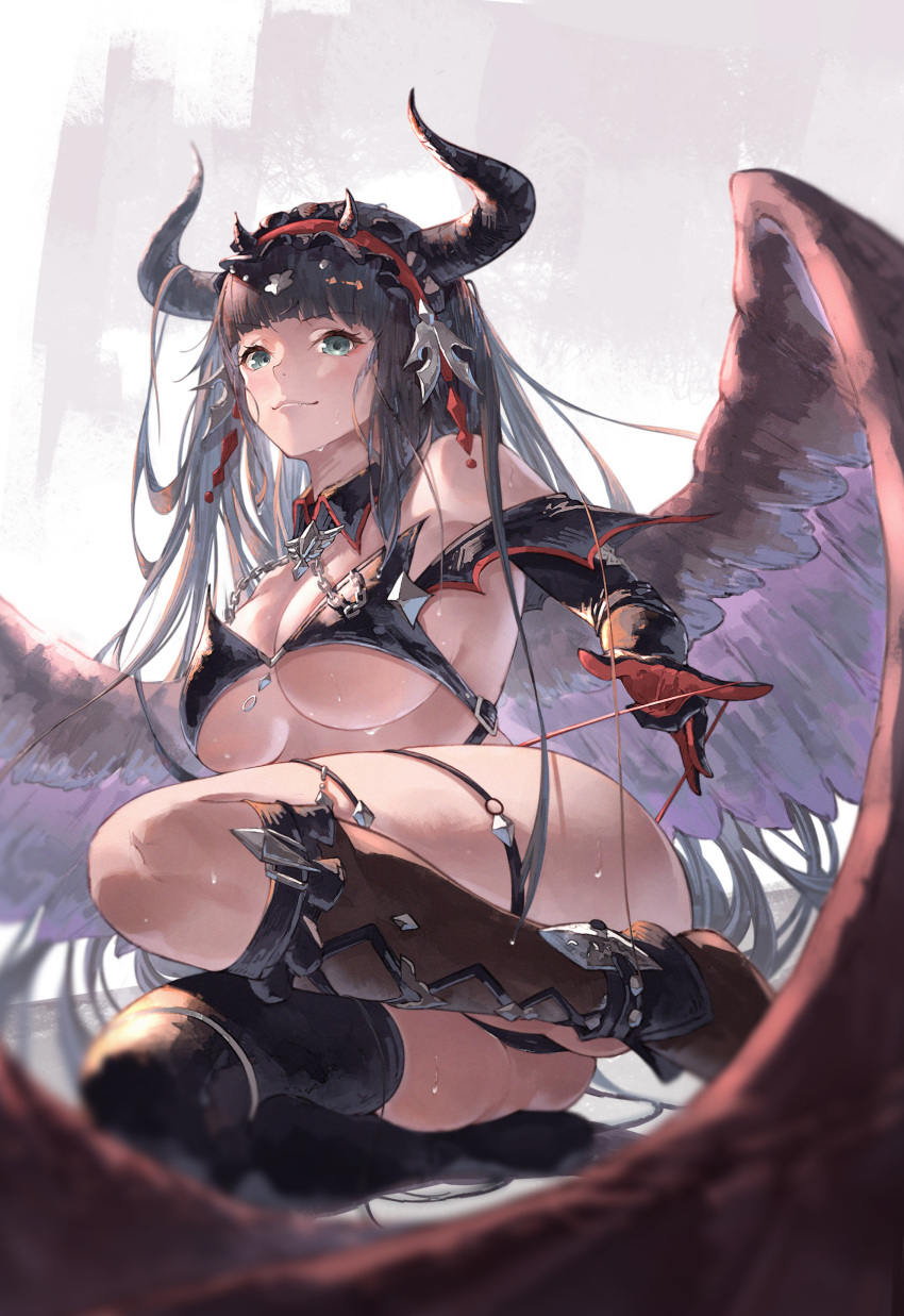 1girl absurdres aqua_eyes armor ass asymmetrical_legwear bikini bikini_armor black_bikini black_hair black_horns boots breasts chain closed_mouth commentary_request demon_girl demon_horns elbow_gloves feathered_wings gloves granblue_fantasy highres horns large_breasts long_hair looking_at_viewer magus_(granblue_fantasy) mismatched_legwear short_bangs single_elbow_glove single_thigh_boot smile solo sweat swimsuit thigh_boots wings yu_pian