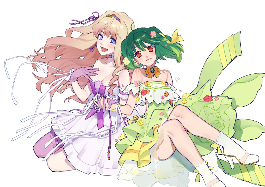2girls absurdres arm_strap bare_shoulders blonde_hair blue_eyes blunt_bangs blush breasts chiyomaru_(yumichiyo0606) choker cleavage closed_mouth collarbone commentary dress dress_flower earrings floating_hair flower frilled_skirt frilled_straps frills gloves green_dress green_hair hair_flower hair_ornament hair_ribbon high_heels highres holding_hands interlocked_fingers jewelry large_breasts long_hair looking_at_viewer macross macross_frontier macross_frontier:_toki_no_meikyu medium_hair multiple_girls open_mouth pink_choker purple_dress purple_gloves purple_ribbon ranka_lee red_eyes ribbon ribbon_choker sheryl_nome single_earring sitting skirt strapless strapless_dress symbol-only_commentary thigh_strap two-tone_dress white_background white_dress white_ribbon yellow_ribbon yokozuwari