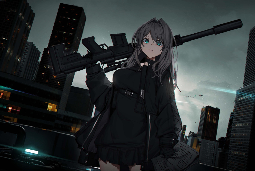 1girl absurdres assault_rifle black_choker black_jacket black_shirt black_skirt building chest_strap choker closed_mouth green_eyes grey_hair gun highres holding holding_gun holding_weapon jacket long_hair looking_at_viewer night night_sky original pleated_skirt raitho rifle shirt skirt sky standing suppressor weapon