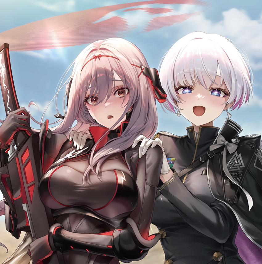 2girls absurdres ahegao arm_guards armor armored_bodysuit black_bodysuit bodysuit brown_bodysuit cape earrings flower-shaped_hair goddess_(nikke) goddess_of_victory:_nikke grey_bodysuit highres japanese_armor jewelry liliweiss_(nikke) military_uniform multiple_girls non-web_source official_art purple_cape scarlet_(black_shadow)_(nikke) scarlet_(nikke) shiny_eyes side_cape star-shaped_pupils star_(symbol) sword symbol-shaped_pupils third-party_source two-tone_cape uniform weapon