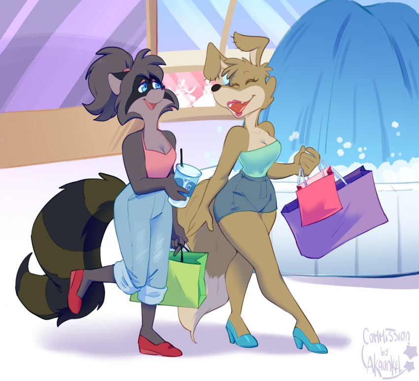 akaunkel anthro blinky_bill_(series) breasts canid canine canis cleavage clothed clothing daisy_dingo digital_media_(artwork) dingo duo female female/female fur hair hi_res lipstick lisa_raccoon makeup mall mammal open_mouth ponytail procyonid raccoon shopping smile the_raccoons