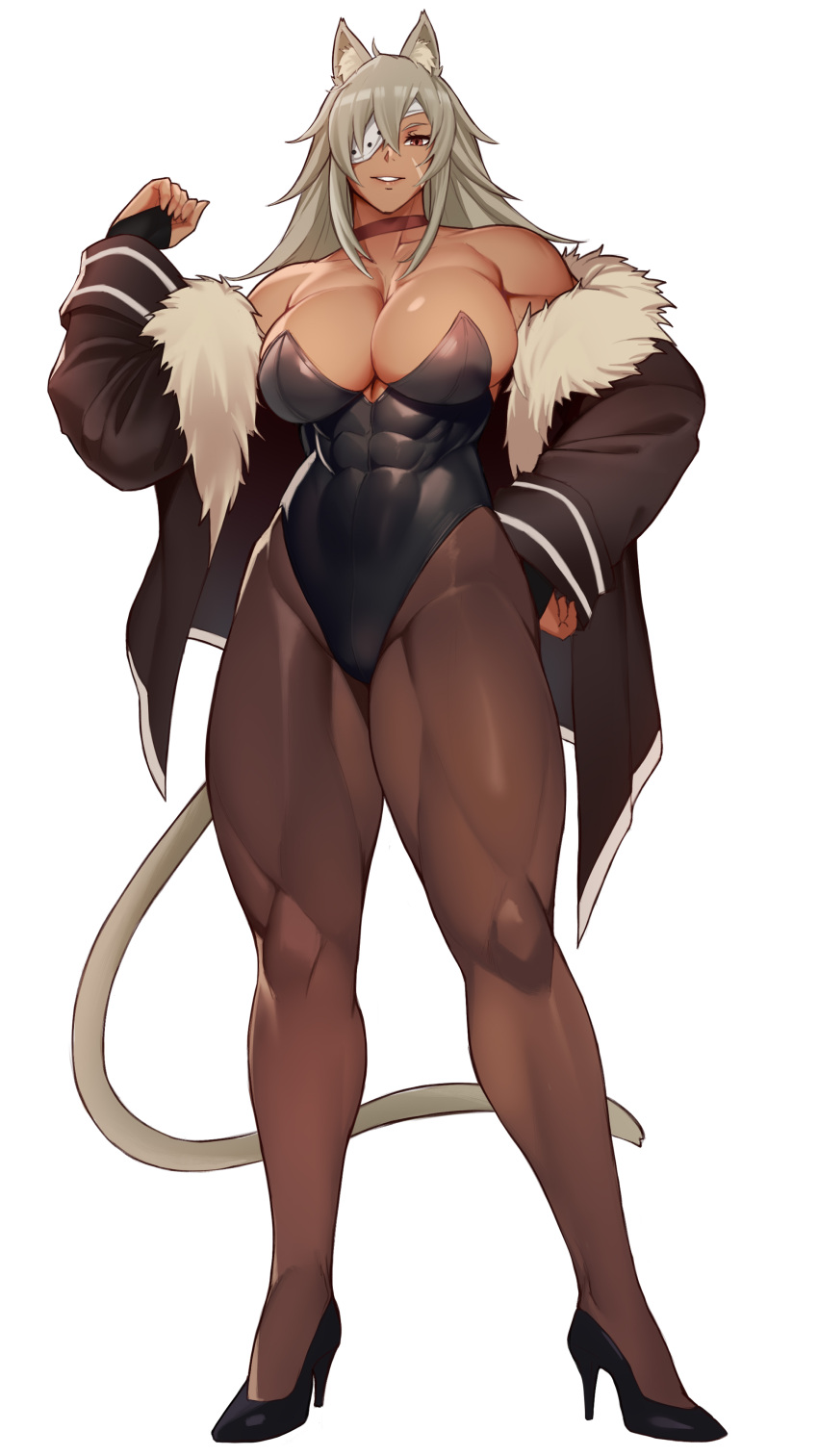 1girl abs absurdres alternate_costume animal_ears black_footwear black_gloves black_jacket black_leotard breasts bridal_gauntlets brown_pantyhose cat_ears cat_girl cat_tail choker cleavage commentary dark-skinned_female dark_skin english_commentary eyepatch full_body fur-trimmed_jacket fur_trim ghislaine_dedoldia gloves got_ji_(gojich1) grey_hair hair_between_eyes hand_on_own_hip high_heels highleg highleg_leotard highres jacket large_breasts leotard long_hair looking_at_viewer muscular muscular_female mushoku_tensei off_shoulder one-eyed one_eye_covered open_clothes open_jacket pantyhose parted_lips playboy_bunny red_choker red_eyes scar scar_on_cheek scar_on_face simple_background smile solo standing strapless strapless_leotard tail thick_thighs thighs white_background
