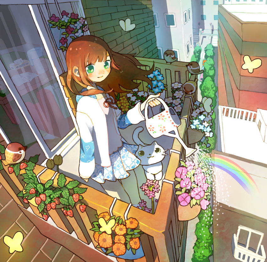 1girl animal arm_at_side balcony bird blue_flower blue_hood blue_skirt brown_bird brown_hair bug building butterfly cat commentary_request crosswalk day dot_nose eurasian_tree_sparrow floating_hair flower flower_pot food fruit green_eyes hand_up highres holding holding_watering_can hood hood_down hoodie light_blush long_hair long_sleeves miniskirt open_clothes open_hoodie orange_flower original outdoors pink_flower pink_shirt pitcher_(container) plant potted_plant print_hoodie print_skirt railing rainbow red_ribbon ribbon shirt skirt sleeves_past_wrists smile socks solo sparrow standing strawberry table tao_(tao15102) tissue_box water_drop watering watering_can white_cat white_flower white_shirt white_skirt white_socks wind window yellow_butterfly yellow_flower