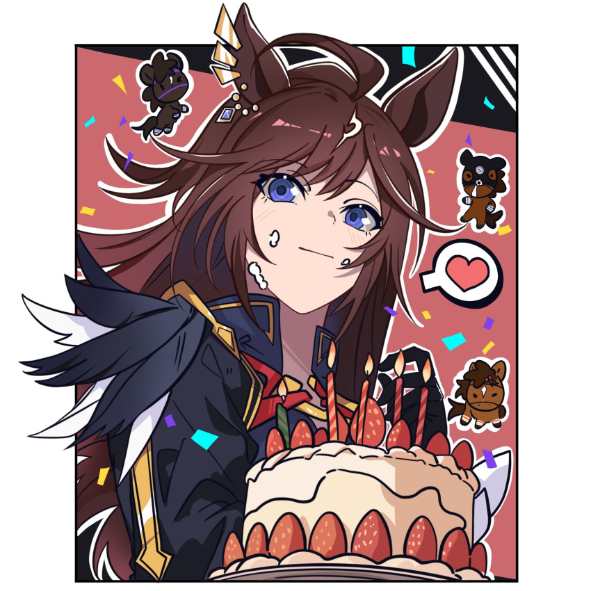 1girl 3others ahoge animal_ears birthday birthday_cake black_gloves black_hair blue_eyes breasts brown_hair cake candle character_request closed_mouth confetti cream cream_on_face duramente_(umamusume) ear_ornament food food_on_face fruit gloves hair_between_eyes heart highres horse horse_ears horse_girl horse_tail jacket kukmmo long_hair long_sleeves looking_at_viewer multicolored_hair multiple_others plate simple_background spoken_heart strawberry streaked_hair tail umamusume white_hair