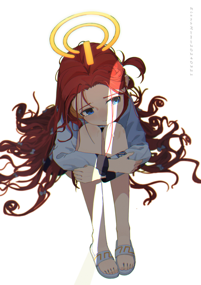 1girl absurdres ass blue_archive blush bow elena_zao full_body hair_bow halo highres jacket long_hair long_sleeves red_hair signature simple_background slippers solo toes very_long_hair white_background white_bow white_jacket yellow_halo yuzu_(blue_archive)