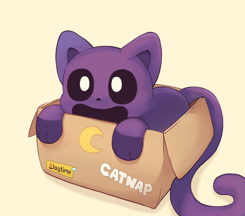 :d absurdres animal animal_ears animal_focus animal_hands animal_nose black_eyes body_fur box bright_pupils cardboard cat cat_ears catnap_(poppy_playtime) crescent highres in_box in_container looking_at_viewer no_humans open_mouth poppy_playtime purple_fur purple_tail rapiket simple_background smile tail white_pupils yellow_background