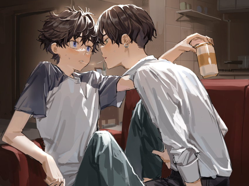 2boys absurdres after_kiss arm_on_another's_shoulder arm_rest beer_can black_hair blue_eyes blush can chamuring drink_can ear_piercing eye_contact from_behind from_side hanagaki_takemichi hand_on_ankle hand_on_another's_leg highres holding kiss leaning_forward looking_at_another male_focus matsuno_chifuyu multiple_boys pants piercing saliva saliva_trail shirt short_sleeves sitting tokyo_revengers white_shirt yaoi
