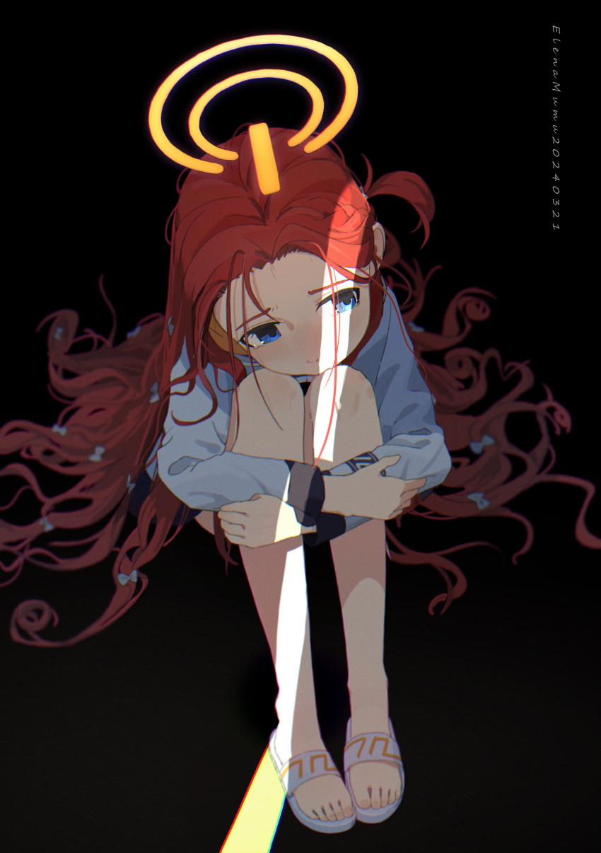 1girl absurdres ass black_background blue_archive blush bow elena_zao full_body hair_bow halo highres jacket long_hair long_sleeves red_hair signature simple_background slippers solo toes very_long_hair white_bow white_jacket yellow_halo yuzu_(blue_archive)