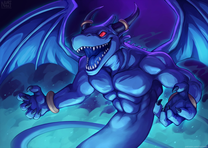 5_fingers apode blue_body claws draconcopode dragon fingers horn legless male membrane_(anatomy) membranous_wings muscular muscular_male mythological_creature mythological_scalie mythology naga nurinaki open_mouth red_eyes scalie serpentine sharp_teeth teeth wings