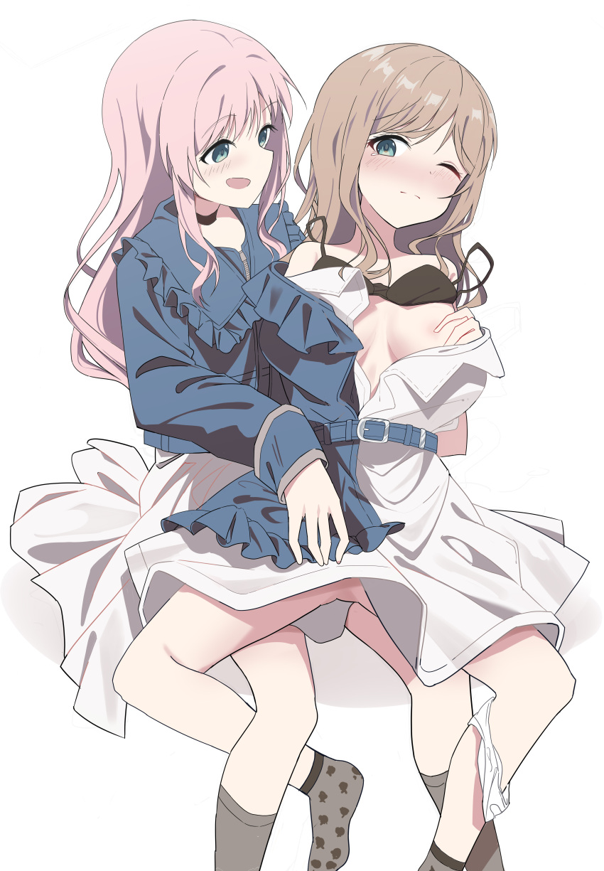 2girls absurdres bang_dream! bang_dream!_it's_mygo!!!!! belt black_bra black_choker blue_eyes blue_shirt blush bra bra_lift breasts brown_hair chihaya_anon choker closed_mouth commentary dress grabbing grabbing_another's_breast grey_socks highres long_hair long_sleeves medium_breasts multiple_girls nagasaki_soyo one_eye_closed panties panties_around_one_leg pink_hair shirt simple_background skirt smile socks soha_(sirohase) spread_legs tearing_up tears underwear white_background white_dress white_panties white_skirt yuri