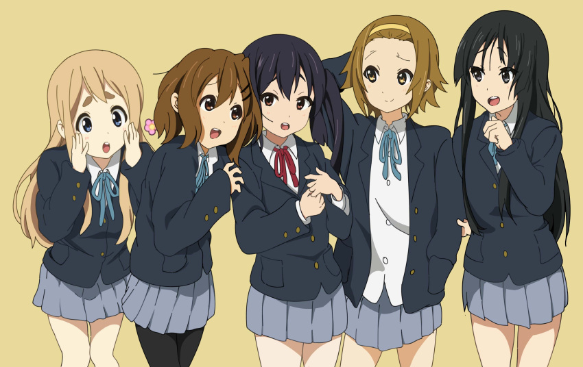 5girls :d akiyama_mio arm_behind_head black_eyes black_hair black_pantyhose blonde_hair blue_eyes brown_eyes brown_hair chinese_commentary commentary_request cowboy_shot hairband hands_on_own_cheeks hands_on_own_face highres hirasawa_yui hoshi_hara75 jacket k-on! kotobuki_tsumugi long_hair looking_at_viewer multiple_girls nakano_azusa official_style open_mouth pantyhose partial_commentary ribbon round_teeth sakuragaoka_high_school_uniform school_uniform short_hair simple_background skirt smile standing tainaka_ritsu teeth twintails upper_teeth_only yellow_background yellow_hairband