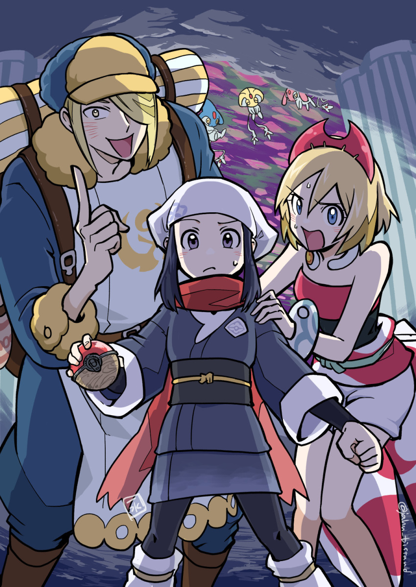 1boy 2girls akari_(pokemon) azelf bare_shoulders black_hair blonde_hair blue_eyes clenched_hand closed_mouth galaxy_expedition_team_survey_corps_uniform ginkgo_guild_uniform hair_between_eyes hat head_scarf highres holding holding_poke_ball index_finger_raised irida_(pokemon) issui_(jahn_bistand) long_hair mesprit multiple_girls neck_ribbon open_mouth poke_ball poke_ball_(legends) pokemon pokemon_(creature) pokemon_legends:_arceus red_scarf ribbon scarf short_hair shorts sweat twitter_username uxie volo_(pokemon) white_shorts