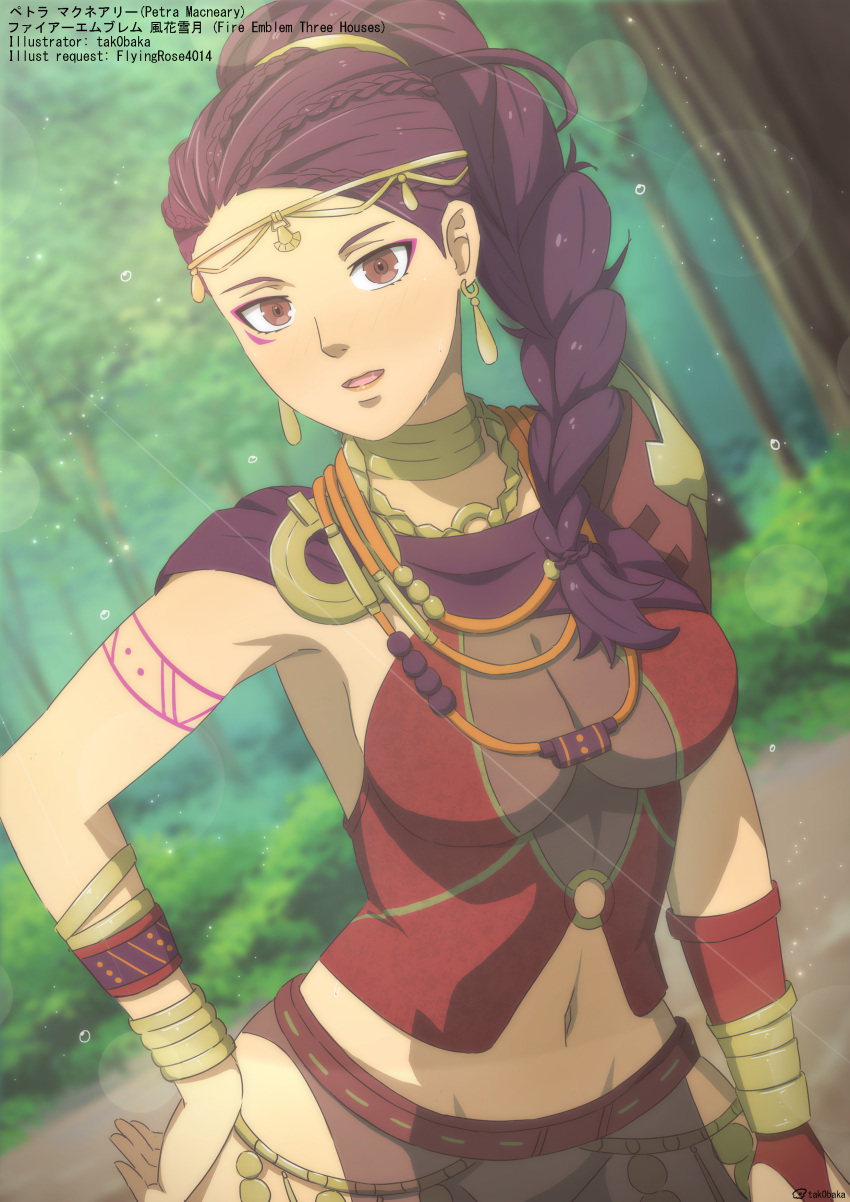 1girl absurdres alternate_costume arm_tattoo blurry blurry_background braid breasts brown_eyes circlet cleavage drop_earrings earrings eyeshadow facial_tattoo fire_emblem fire_emblem:_three_houses forest hand_on_own_hip highres jewelry large_breasts lens_flare long_hair looking_at_viewer makeup nature navel o-ring o-ring_top petra_macneary pink_eyeshadow ponytail purple_hair tak0baka tattoo