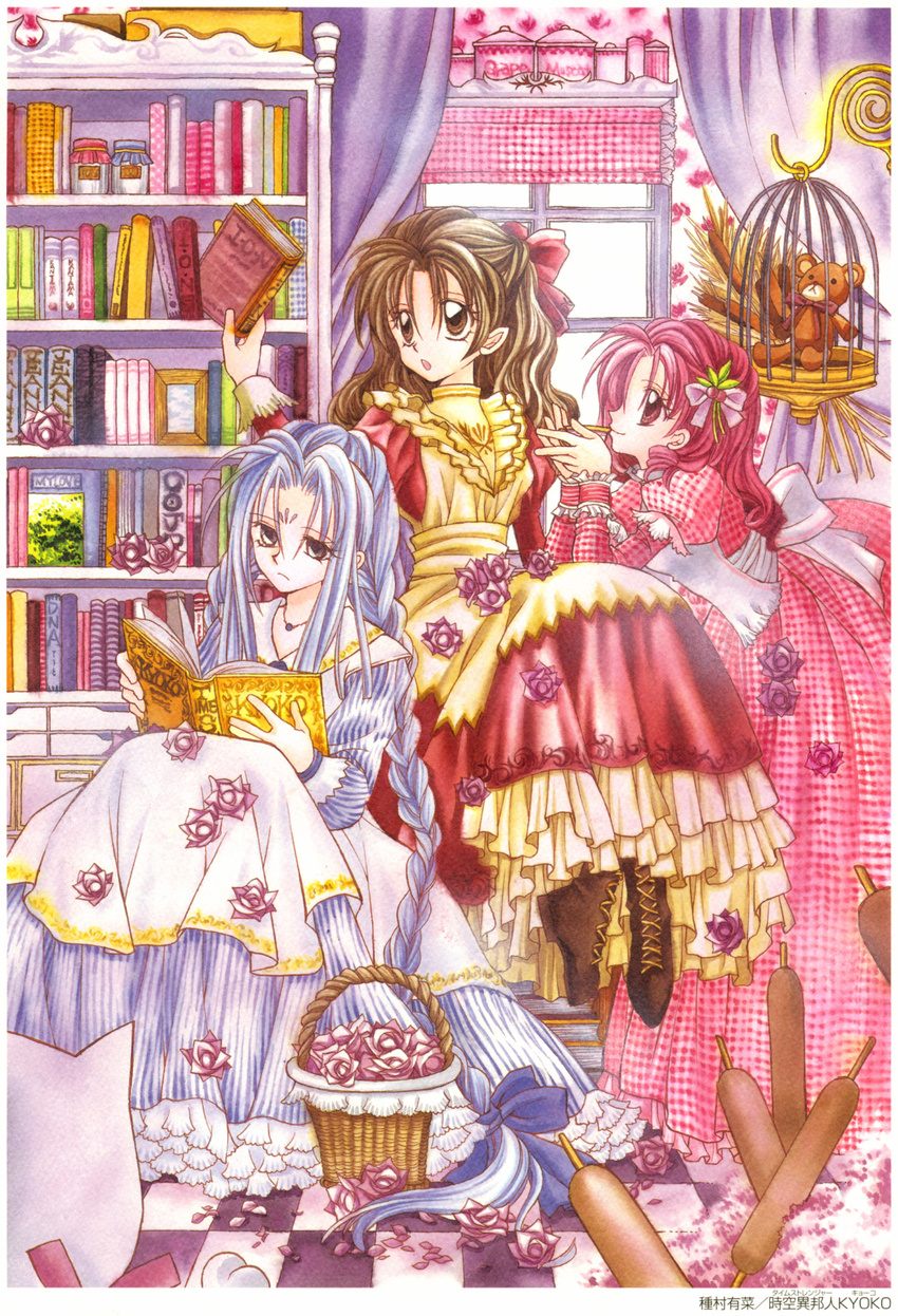 90s alternate_hair_color alternate_hairstyle basket birdcage blue_hair book bookshelf braid brown_hair cage checkered checkered_floor cup dress facial_mark flower forehead_mark hair_ribbon highres long_hair marker_(medium) momoto_karen multiple_girls official_art petals pink_dress pink_hair pointy_ears reading red_dress ribbon rose rose_petals scan short_hair sitting souba_mizuno striped striped_dress stuffed_animal stuffed_toy suomi_kyouko tanemura_arina teacup teddy_bear time_stranger_kyoko traditional_media twin_braids vertical_stripes very_long_hair window