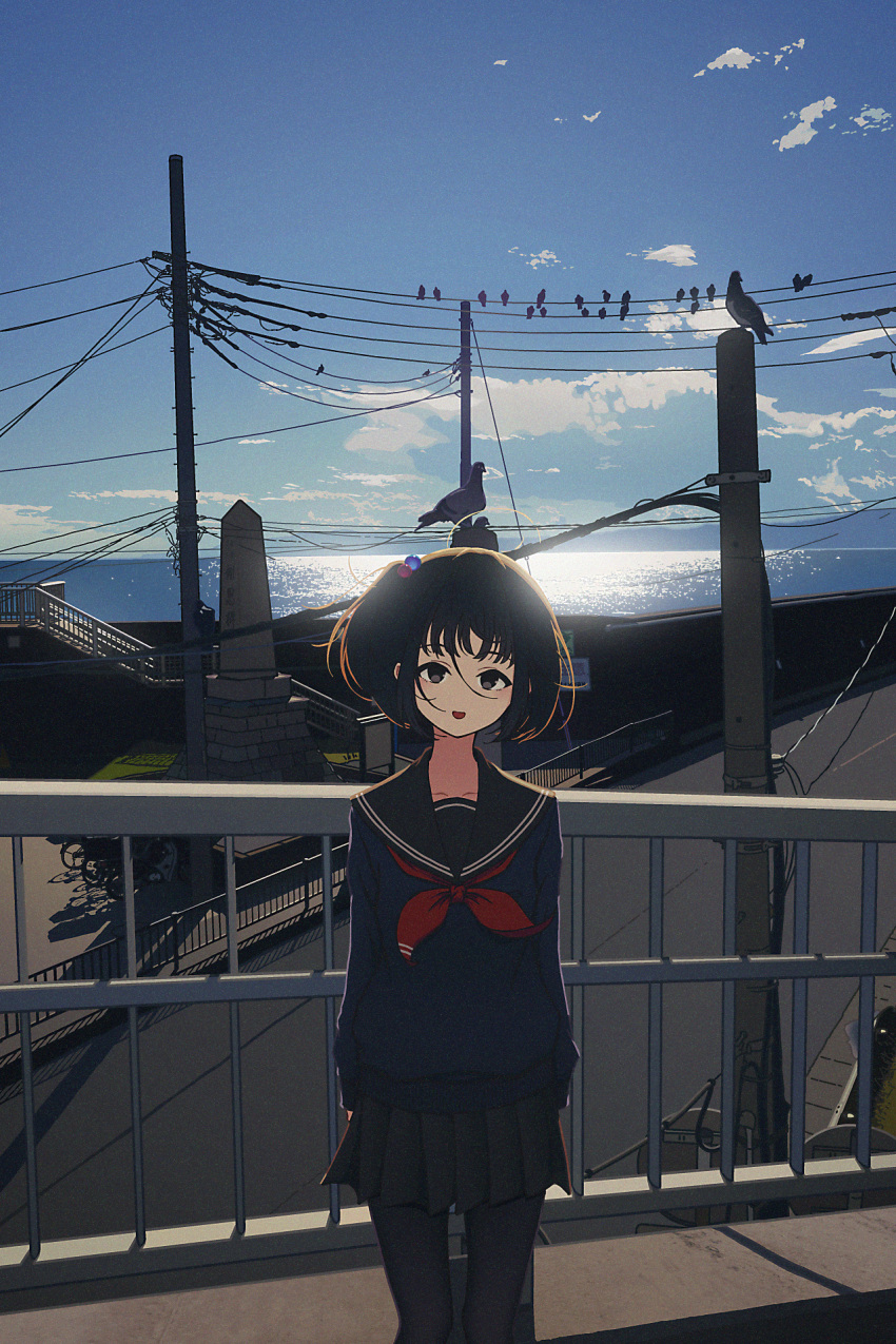 1girl :d amemori_sayo arms_behind_back bird black_eyes black_hair black_pantyhose black_sailor_collar black_serafuku black_shirt black_skirt blue_sky cloud cloudy_sky cowboy_shot crow day fence highres horizon legs_apart long_sleeves looking_at_viewer miniskirt neckerchief nijisanji nkymyura ocean one_side_up open_mouth outdoors pantyhose pedestrian_bridge perching pigeon pleated_skirt power_lines red_neckerchief reflection reflective_water road sailor_collar school_uniform serafuku shirt short_hair sidelocks skirt sky sleeves_past_wrists smile solo stairs straight-on street utility_pole
