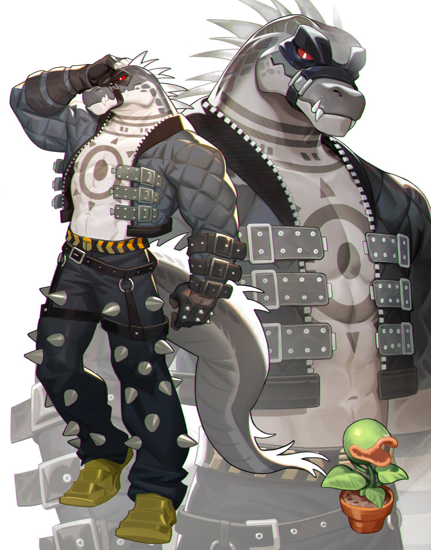 1boy abs absurdres bara black_jacket chest_tattoo colored_sclera crocodile_boy crocodilian_tail daylon_(sobek)_(dislyte) dislyte english_commentary fangs fangs_out furry furry_male highres jacket male_focus mask muscular muscular_male muzzle neilos pectorals plant red_sclera spiked_pants tail tattoo venus_flytrap white_eyes